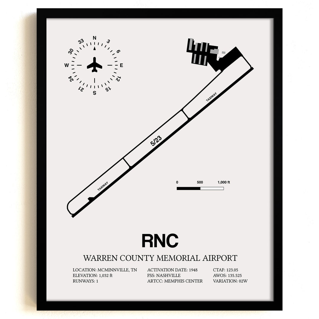 Framed Detailed Airport Map of Warren County Memorial Airport (RNC) in White with a Black Frame