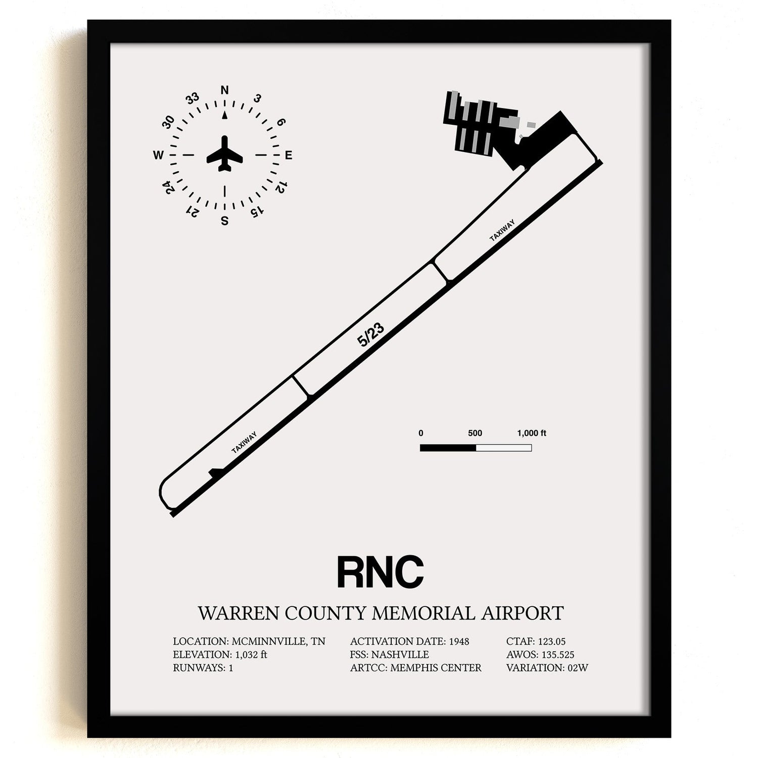 Framed Detailed Airport Map of Warren County Memorial Airport (RNC) in White with a Black Frame