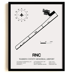 Framed Detailed Airport Map of Warren County Memorial Airport (RNC) in White with a Black Frame