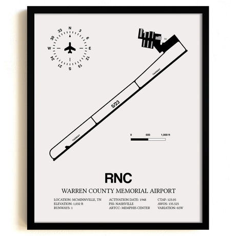 Framed Detailed Airport Map of Warren County Memorial Airport (RNC) in White with a Black Frame