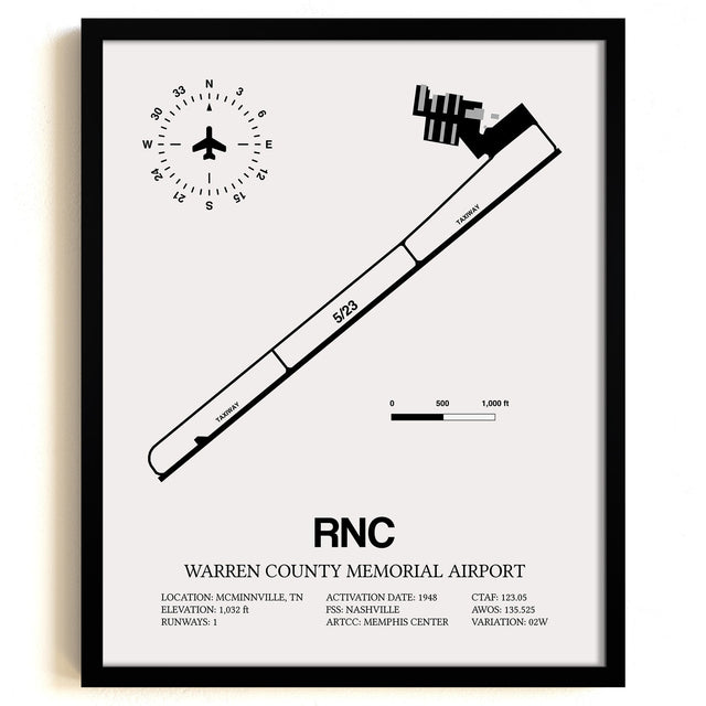 Framed Detailed Airport Map of Warren County Memorial Airport (RNC) in White with a Black Frame