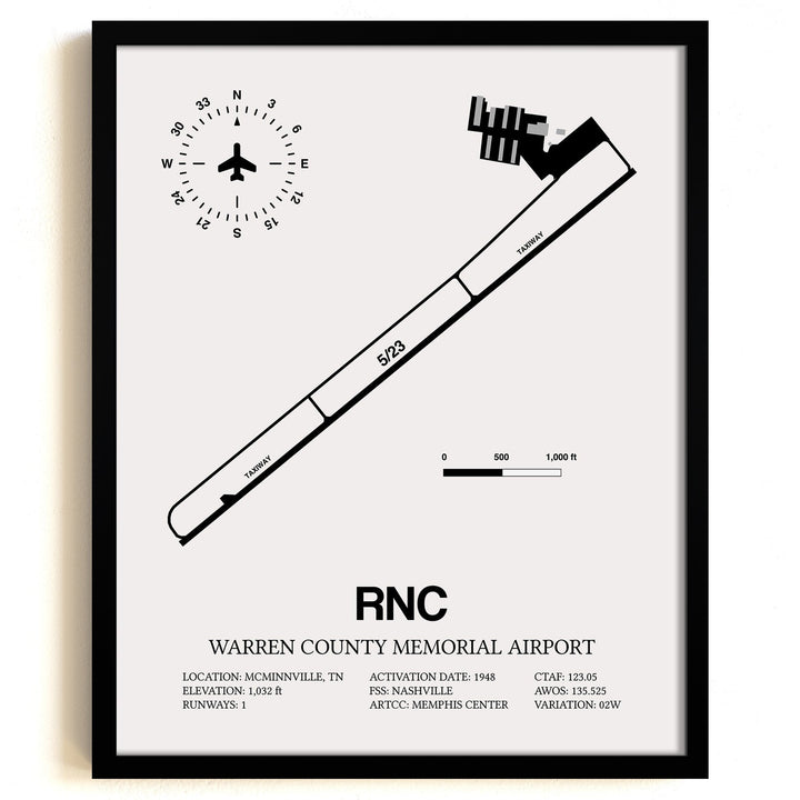 Framed Detailed Airport Map of Warren County Memorial Airport (RNC) in White with a Black Frame