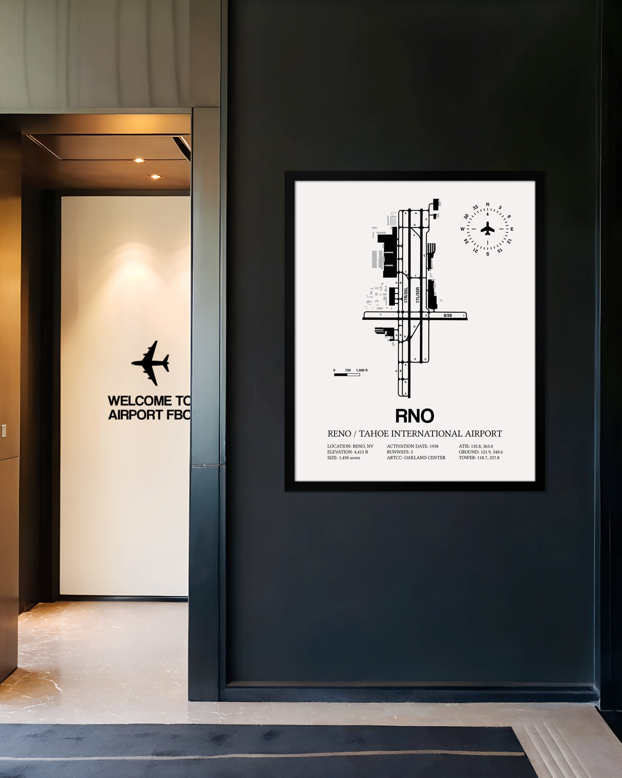 Framed Detailed Airport Map of Reno Tahoe International Airport (RNO) in White with a Black Frame