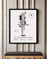 Framed Detailed Airport Map of Reno Tahoe International Airport (RNO) in White with a Black Frame