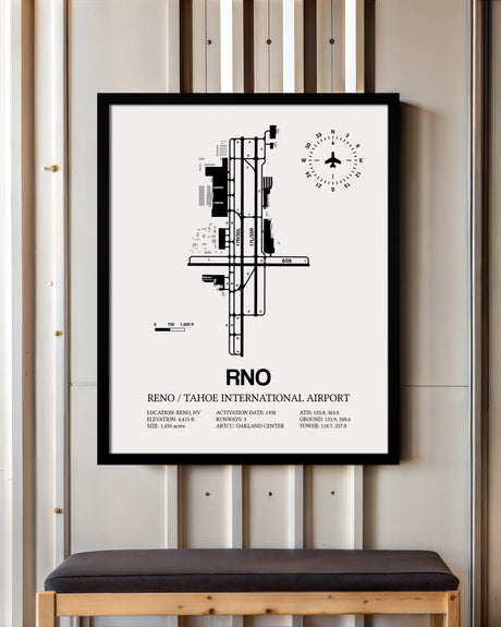 Framed Detailed Airport Map of Reno Tahoe International Airport (RNO) in White with a Black Frame