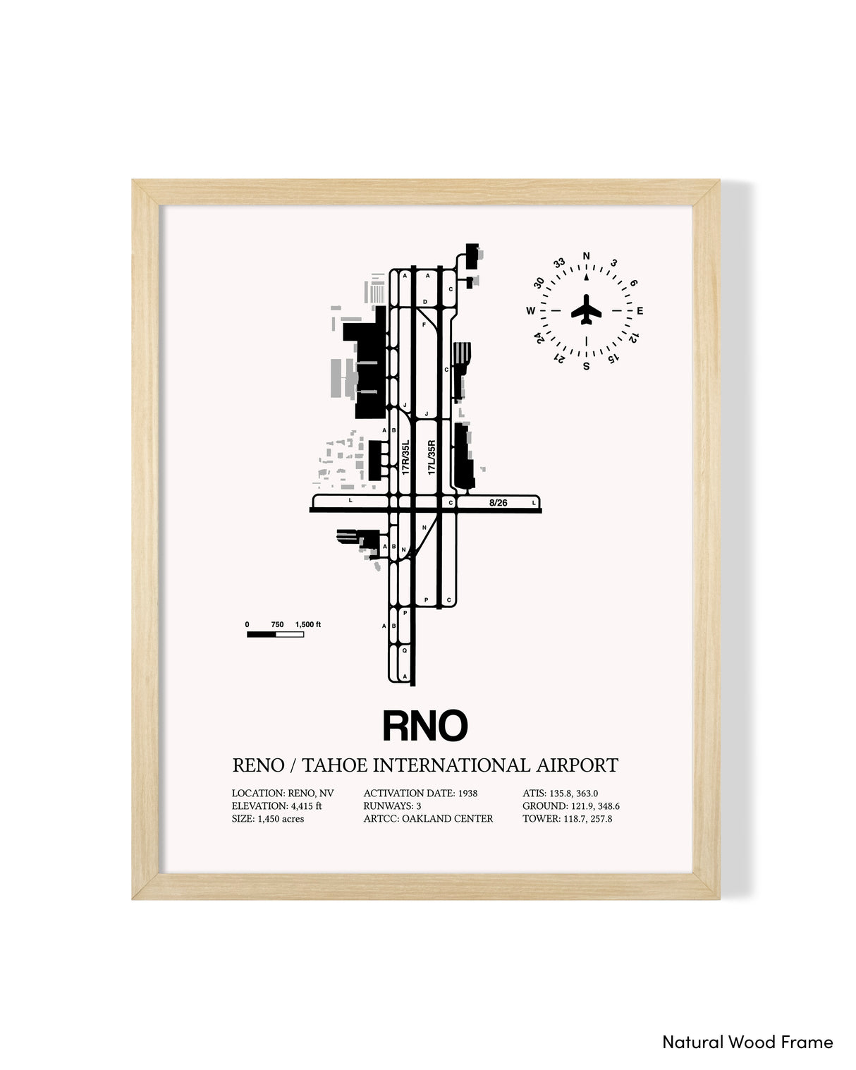 Detailed Airport Map of Reno Tahoe International Airport (RNO) in White with a Natural Frame