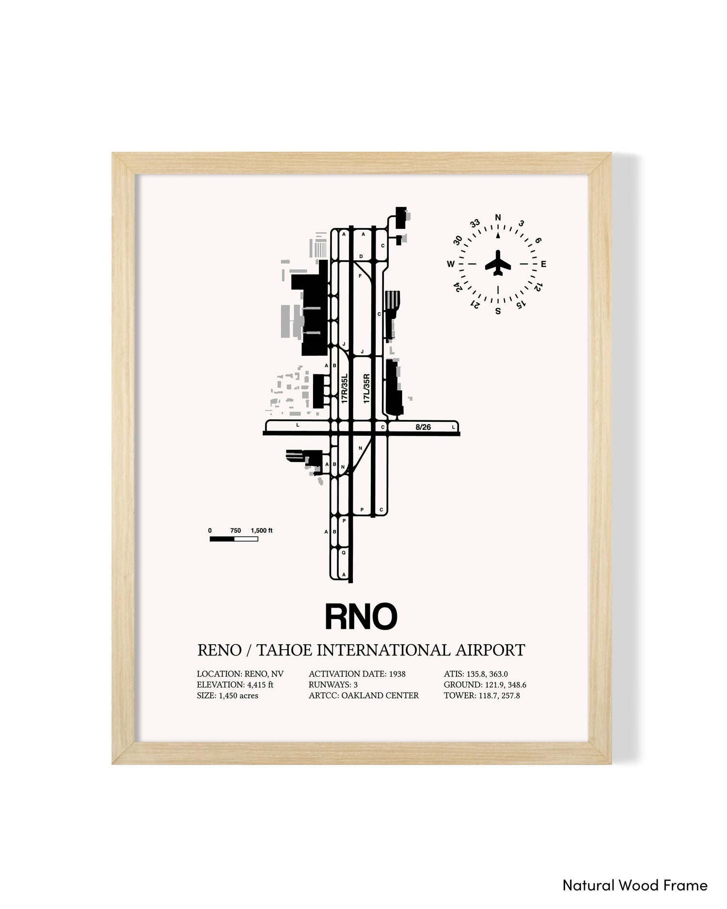 Detailed Airport Map of Reno Tahoe International Airport (RNO) in White with a Natural Frame