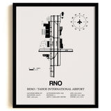 Framed Detailed Airport Map of Reno Tahoe International Airport (RNO) in White with a Black Frame