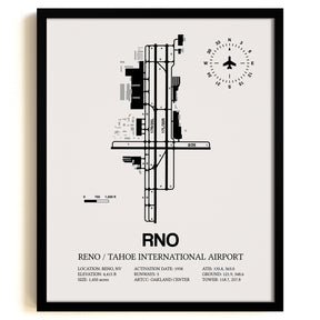 Framed Detailed Airport Map of Reno Tahoe International Airport (RNO) in White with a Black Frame