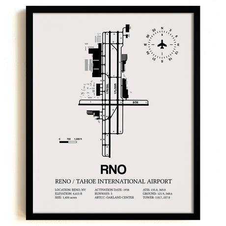 Framed Detailed Airport Map of Reno Tahoe International Airport (RNO) in White with a Black Frame