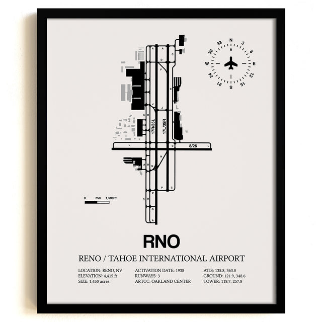 Framed Detailed Airport Map of Reno Tahoe International Airport (RNO) in White with a Black Frame
