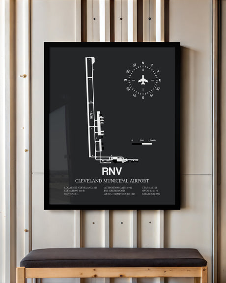 Framed Detailed Airport Map of Cleveland Municipal Airport (RNV) in Gray with a Black Frame
