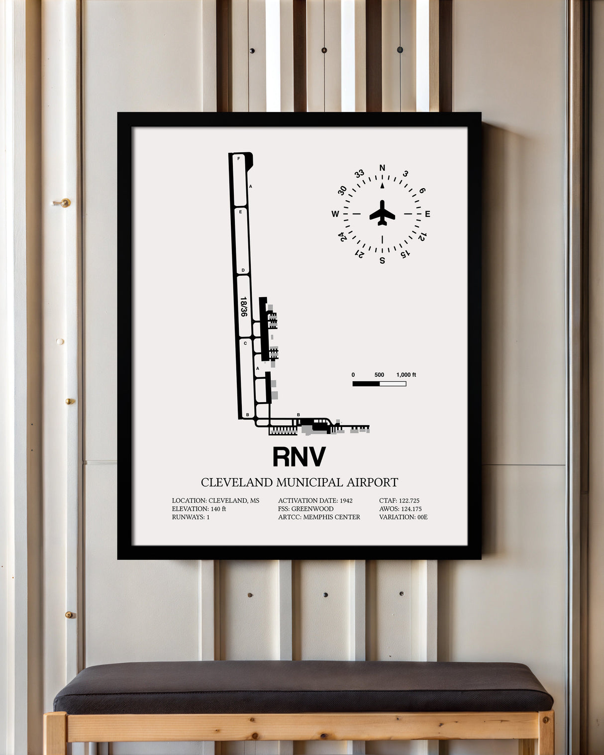 Framed Detailed Airport Map of Cleveland Municipal Airport (RNV) in White with a Black Frame