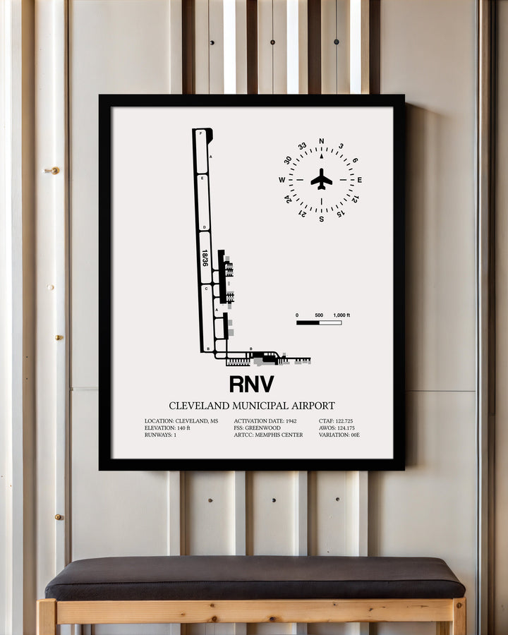 Framed Detailed Airport Map of Cleveland Municipal Airport (RNV) in White with a Black Frame