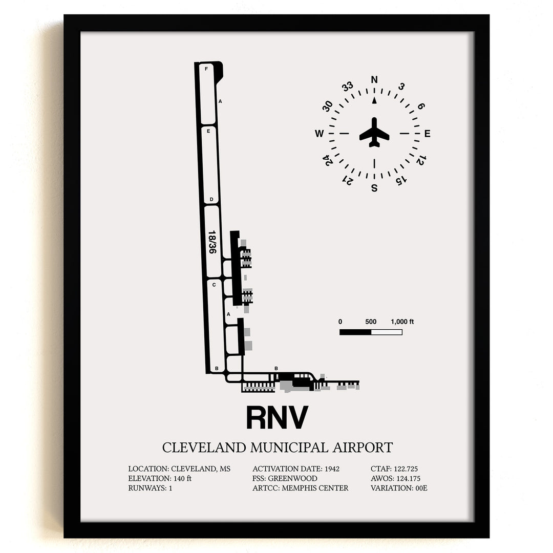 Framed Detailed Airport Map of Cleveland Municipal Airport (RNV) in White with a Black Frame