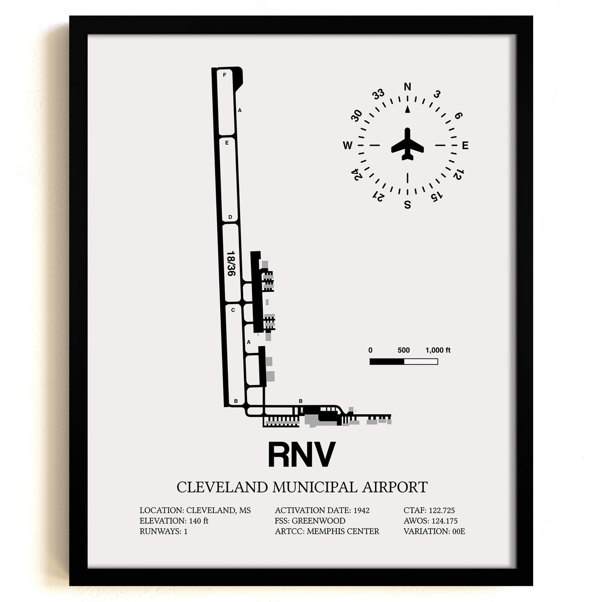 Framed Detailed Airport Map of Cleveland Municipal Airport (RNV) in White with a Black Frame