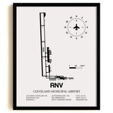 Framed Detailed Airport Map of Cleveland Municipal Airport (RNV) in White with a Black Frame