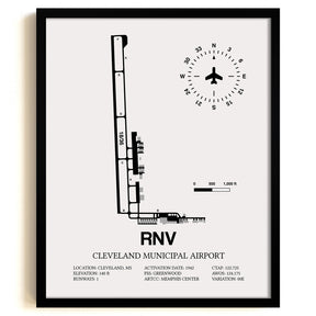 Framed Detailed Airport Map of Cleveland Municipal Airport (RNV) in White with a Black Frame