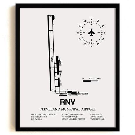 Framed Detailed Airport Map of Cleveland Municipal Airport (RNV) in White with a Black Frame