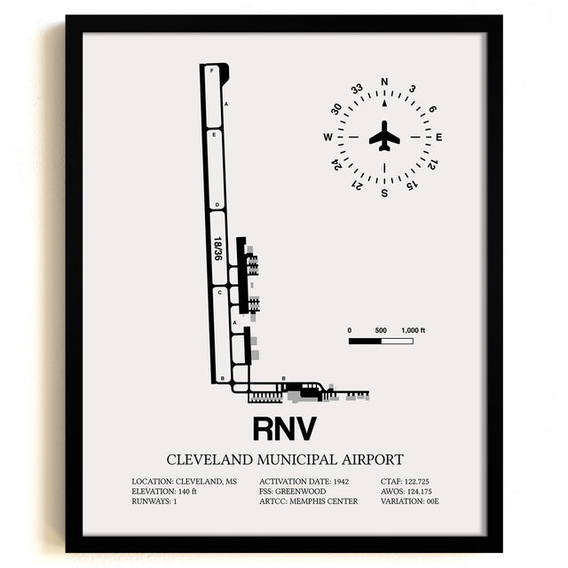 Framed Detailed Airport Map of Cleveland Municipal Airport (RNV) in White with a Black Frame