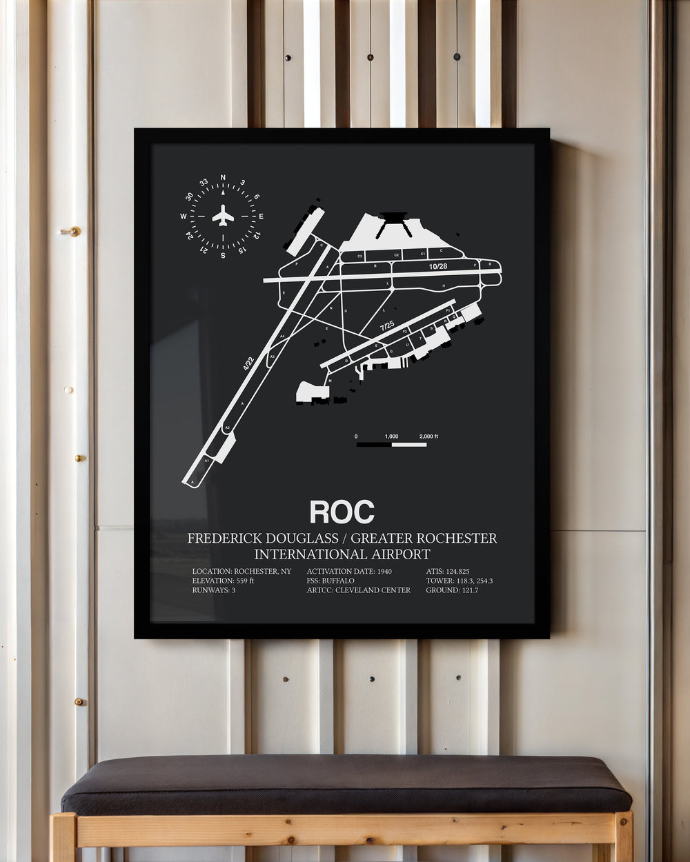 Framed Detailed Airport Map of Frederick Douglass/Greater Rochester International Airport (ROC) in Gray with a Black Frame