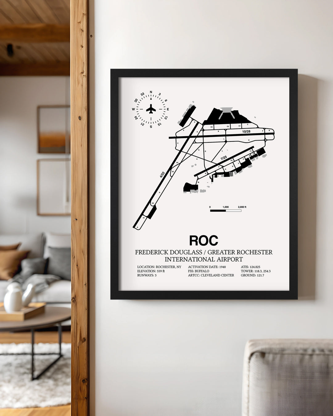 Framed Detailed Airport Map of Frederick Douglass/Greater Rochester International Airport (ROC) in White with a Black Frame