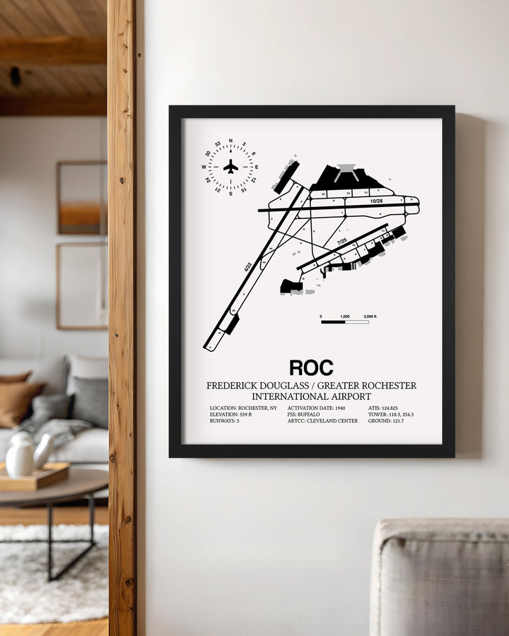 Framed Detailed Airport Map of Frederick Douglass/Greater Rochester International Airport (ROC) in White with a Black Frame