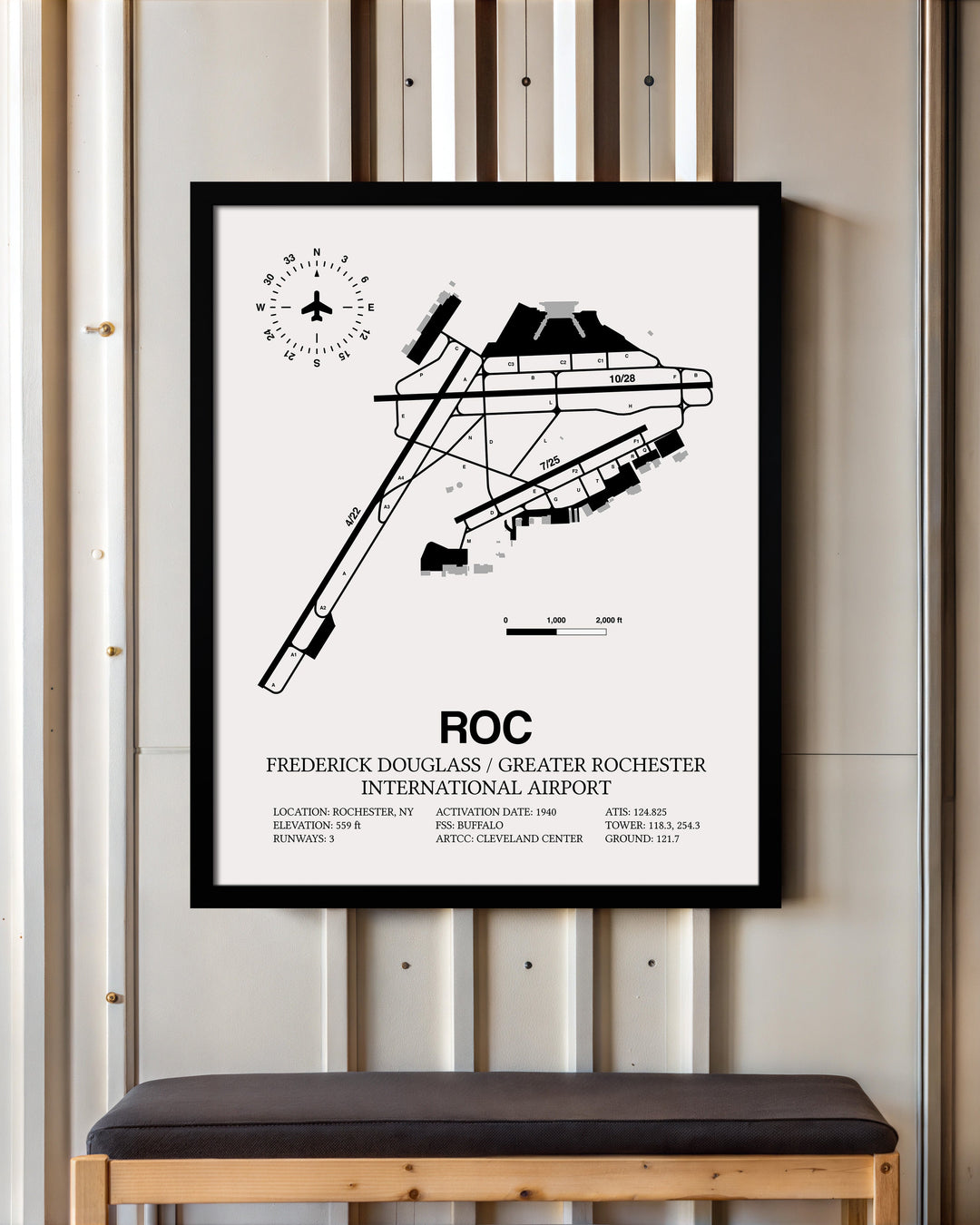 Framed Detailed Airport Map of Frederick Douglass/Greater Rochester International Airport (ROC) in White with a Black Frame