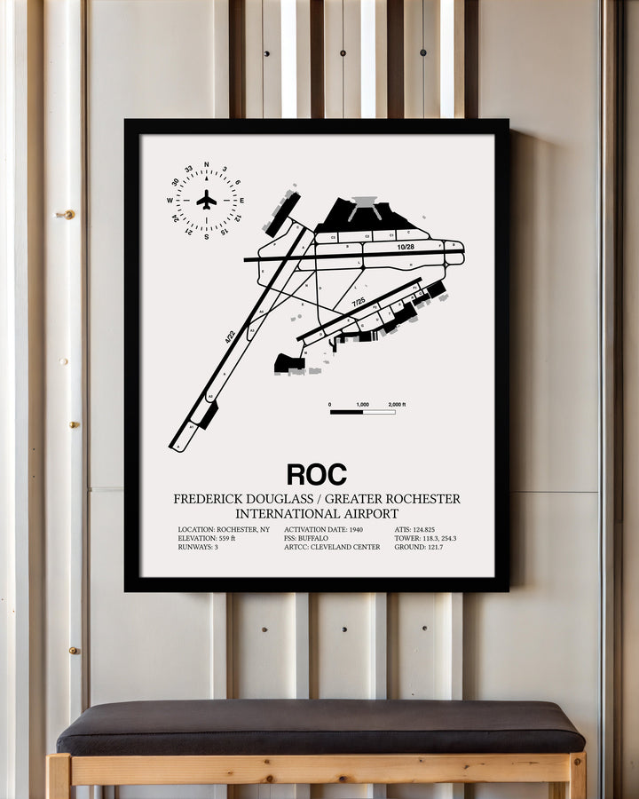 Framed Detailed Airport Map of Frederick Douglass/Greater Rochester International Airport (ROC) in White with a Black Frame