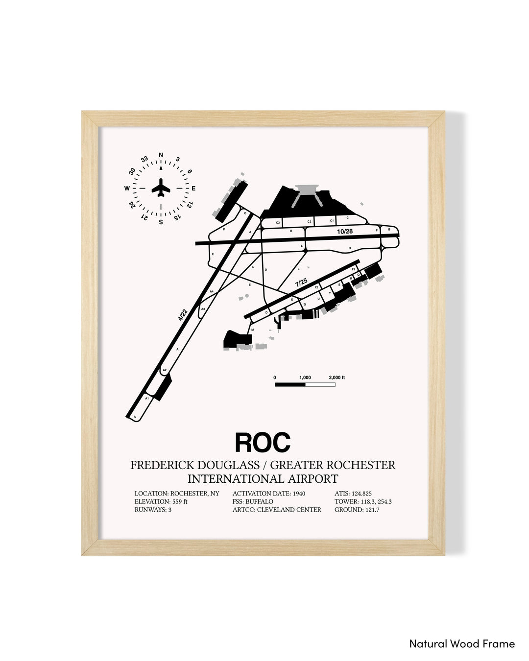 Detailed Airport Map of Frederick Douglass/Greater Rochester International Airport (ROC) in White with a Natural Frame