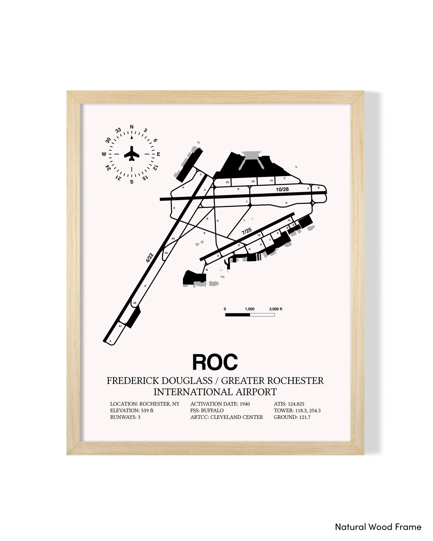 Detailed Airport Map of Frederick Douglass/Greater Rochester International Airport (ROC) in White with a Natural Frame