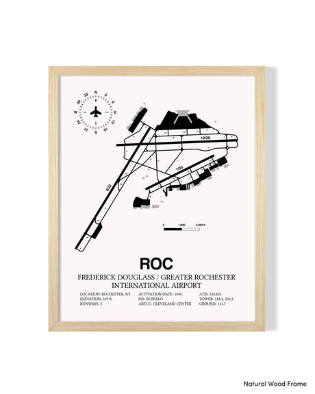 Detailed Airport Map of Frederick Douglass/Greater Rochester International Airport (ROC) in White with a Natural Frame