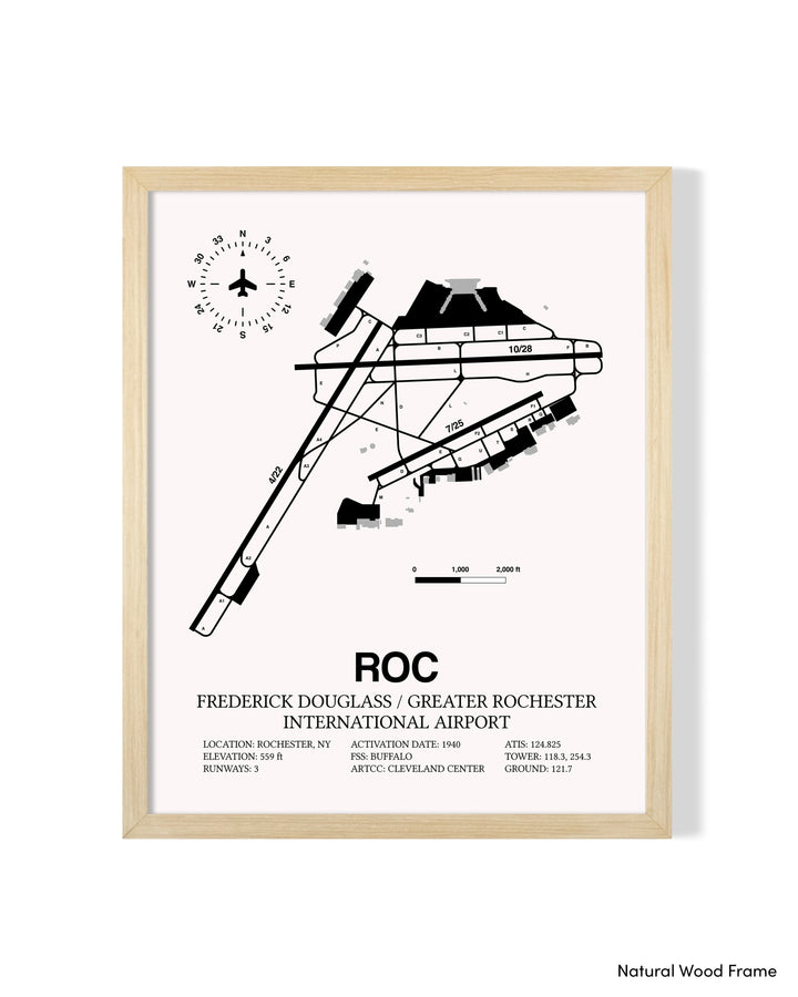 Detailed Airport Map of Frederick Douglass/Greater Rochester International Airport (ROC) in White with a Natural Frame