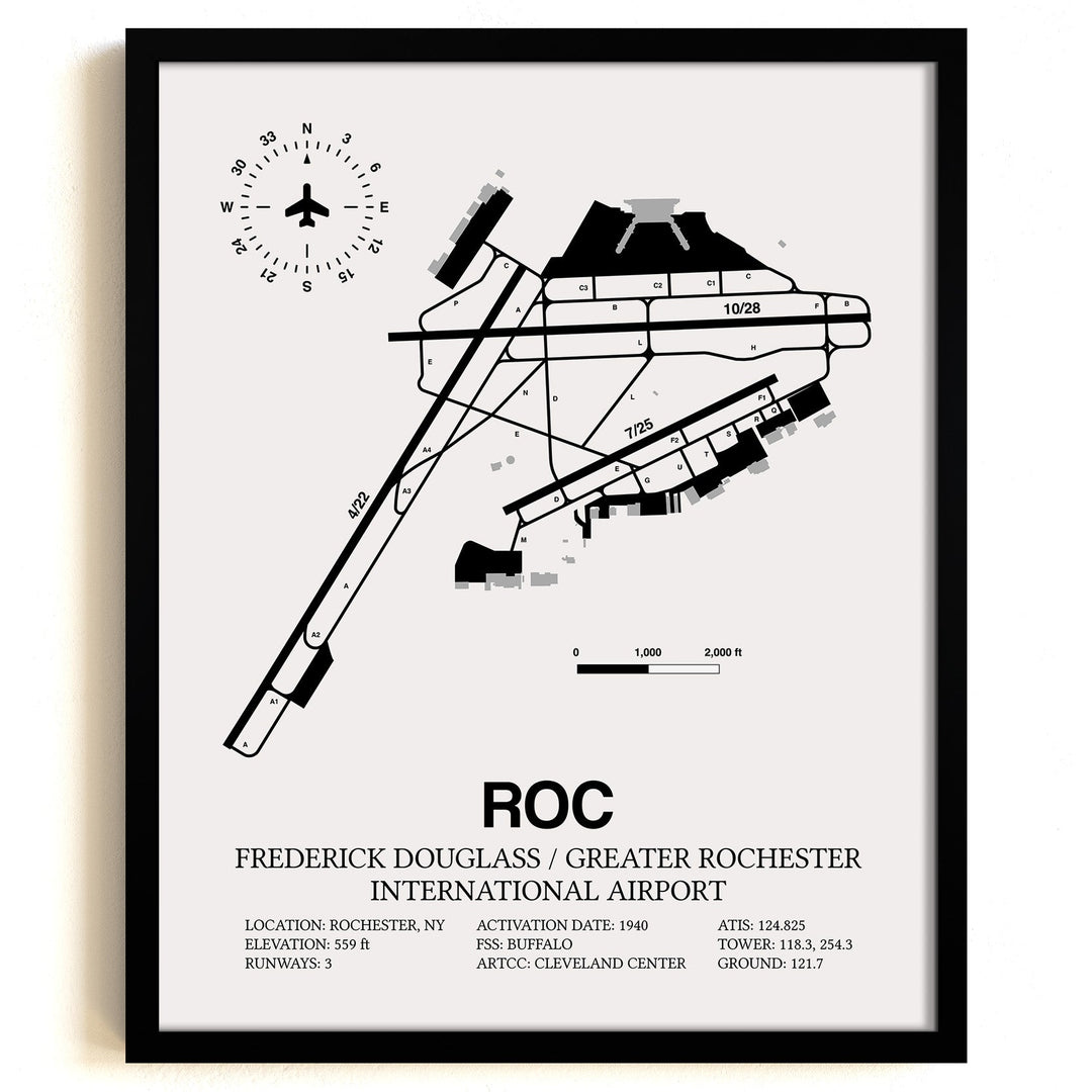 Framed Detailed Airport Map of Frederick Douglass/Greater Rochester International Airport (ROC) in White with a Black Frame