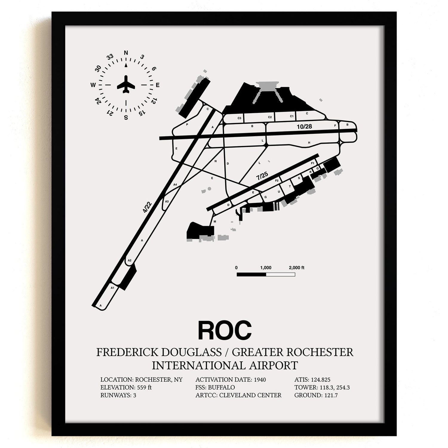 Framed Detailed Airport Map of Frederick Douglass/Greater Rochester International Airport (ROC) in White with a Black Frame