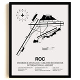 Framed Detailed Airport Map of Frederick Douglass/Greater Rochester International Airport (ROC) in White with a Black Frame