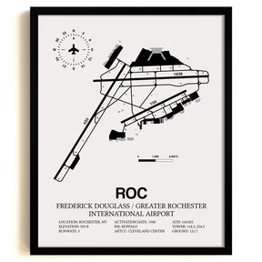 Framed Detailed Airport Map of Frederick Douglass/Greater Rochester International Airport (ROC) in White with a Black Frame