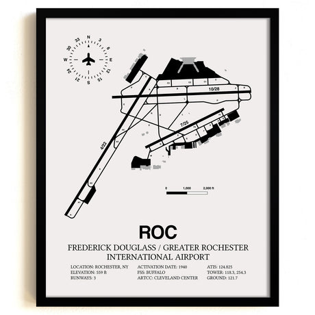 Framed Detailed Airport Map of Frederick Douglass/Greater Rochester International Airport (ROC) in White with a Black Frame