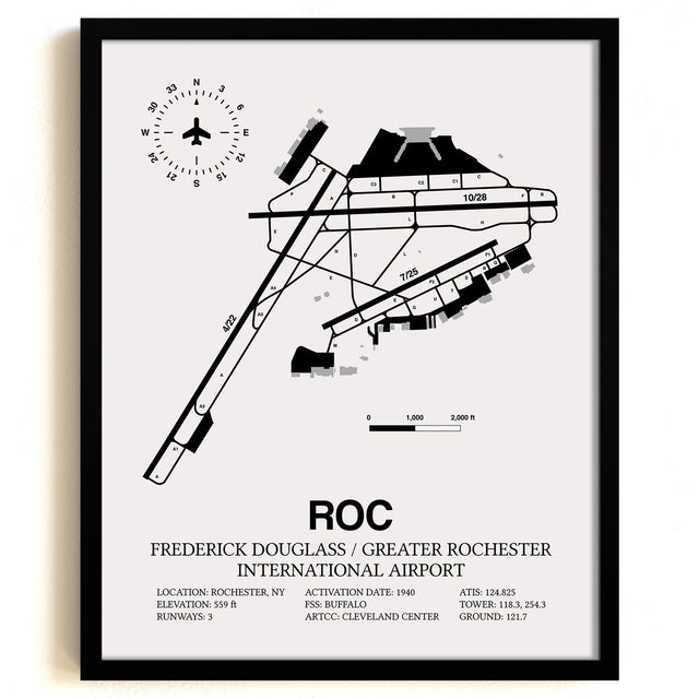 Framed Detailed Airport Map of Frederick Douglass/Greater Rochester International Airport (ROC) in White with a Black Frame