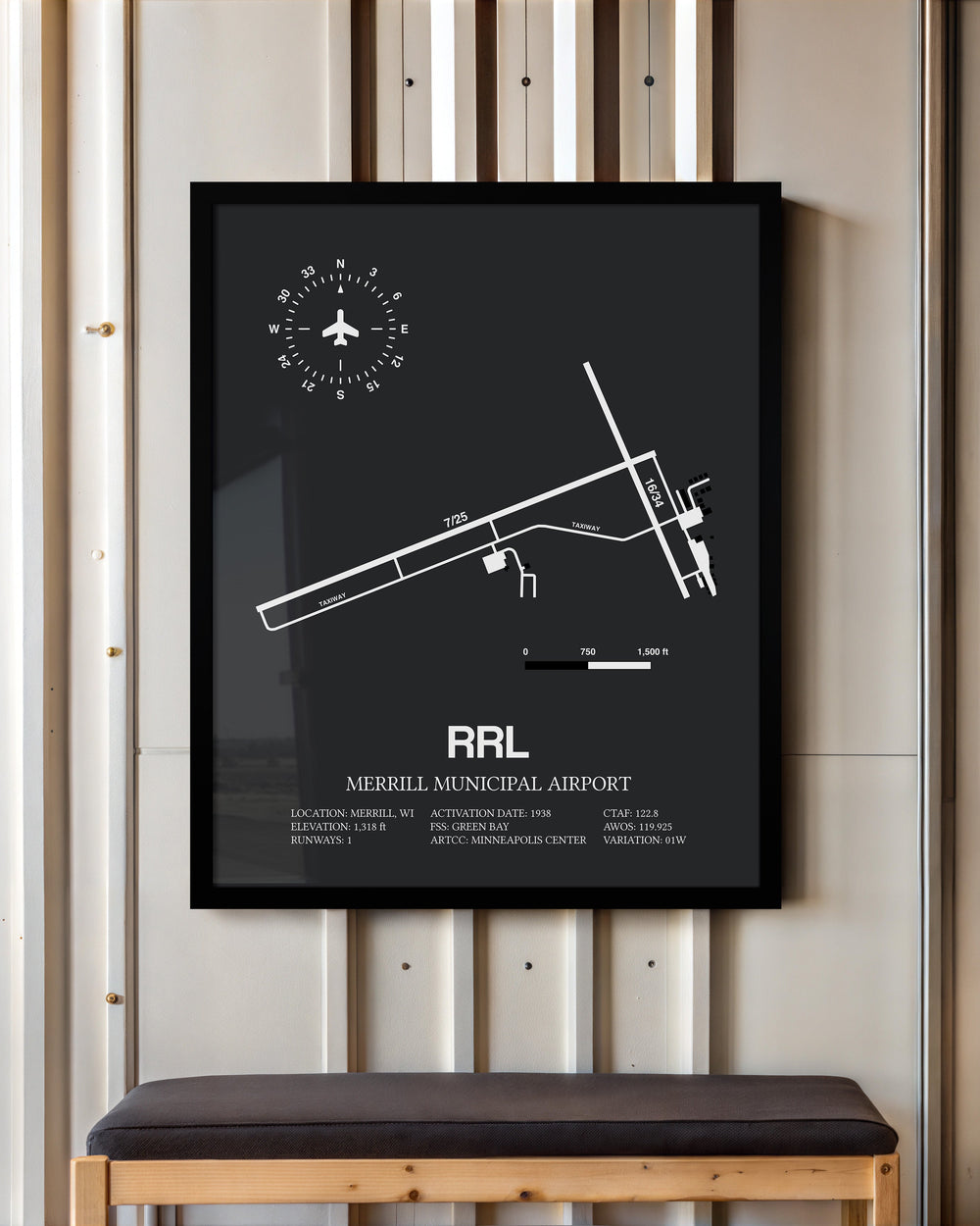 Framed Detailed Airport Map of Merrill Municipal Airport (RRL) in Gray with a Black Frame