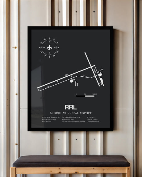 Framed Detailed Airport Map of Merrill Municipal Airport (RRL) in Gray with a Black Frame