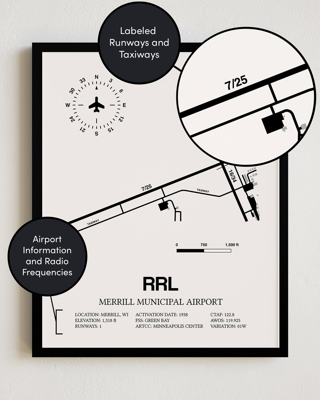 Framed Detailed Airport Map of Merrill Municipal Airport (RRL) in White with a Black Frame