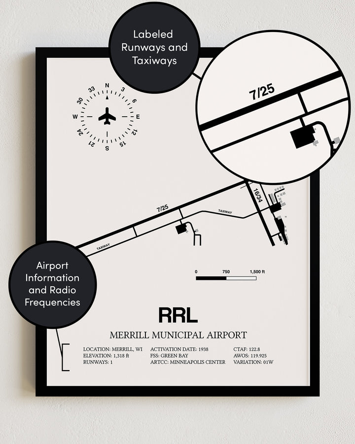 Framed Detailed Airport Map of Merrill Municipal Airport (RRL) in White with a Black Frame