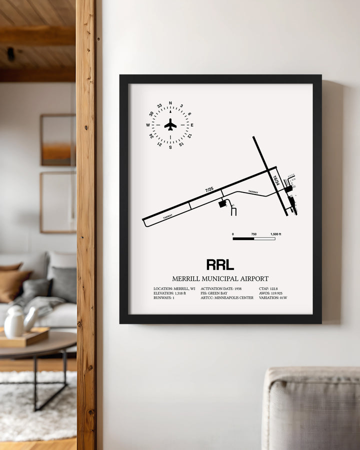 Framed Detailed Airport Map of Merrill Municipal Airport (RRL) in White with a Black Frame