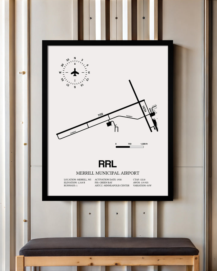 Framed Detailed Airport Map of Merrill Municipal Airport (RRL) in White with a Black Frame