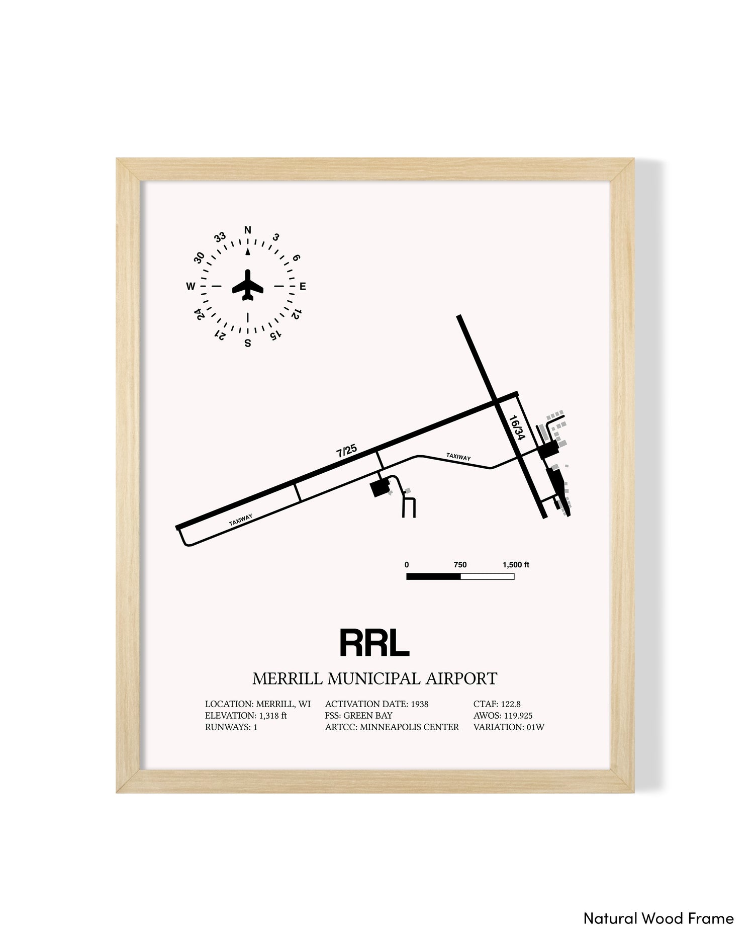 Detailed Airport Map of Merrill Municipal Airport (RRL) in White with a Natural Frame