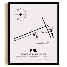 Framed Detailed Airport Map of Merrill Municipal Airport (RRL) in White with a Black Frame