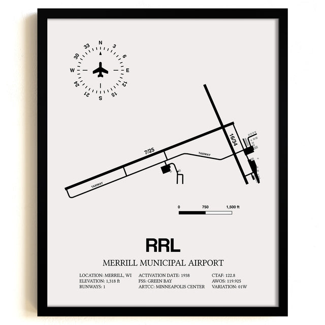 Framed Detailed Airport Map of Merrill Municipal Airport (RRL) in White with a Black Frame