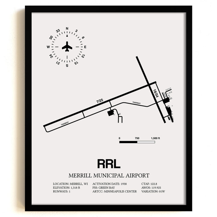 Framed Detailed Airport Map of Merrill Municipal Airport (RRL) in White with a Black Frame