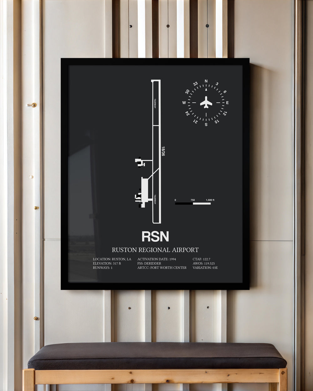 Framed Detailed Airport Map of Ruston Regional Airport (RSN) in Gray with a Black Frame